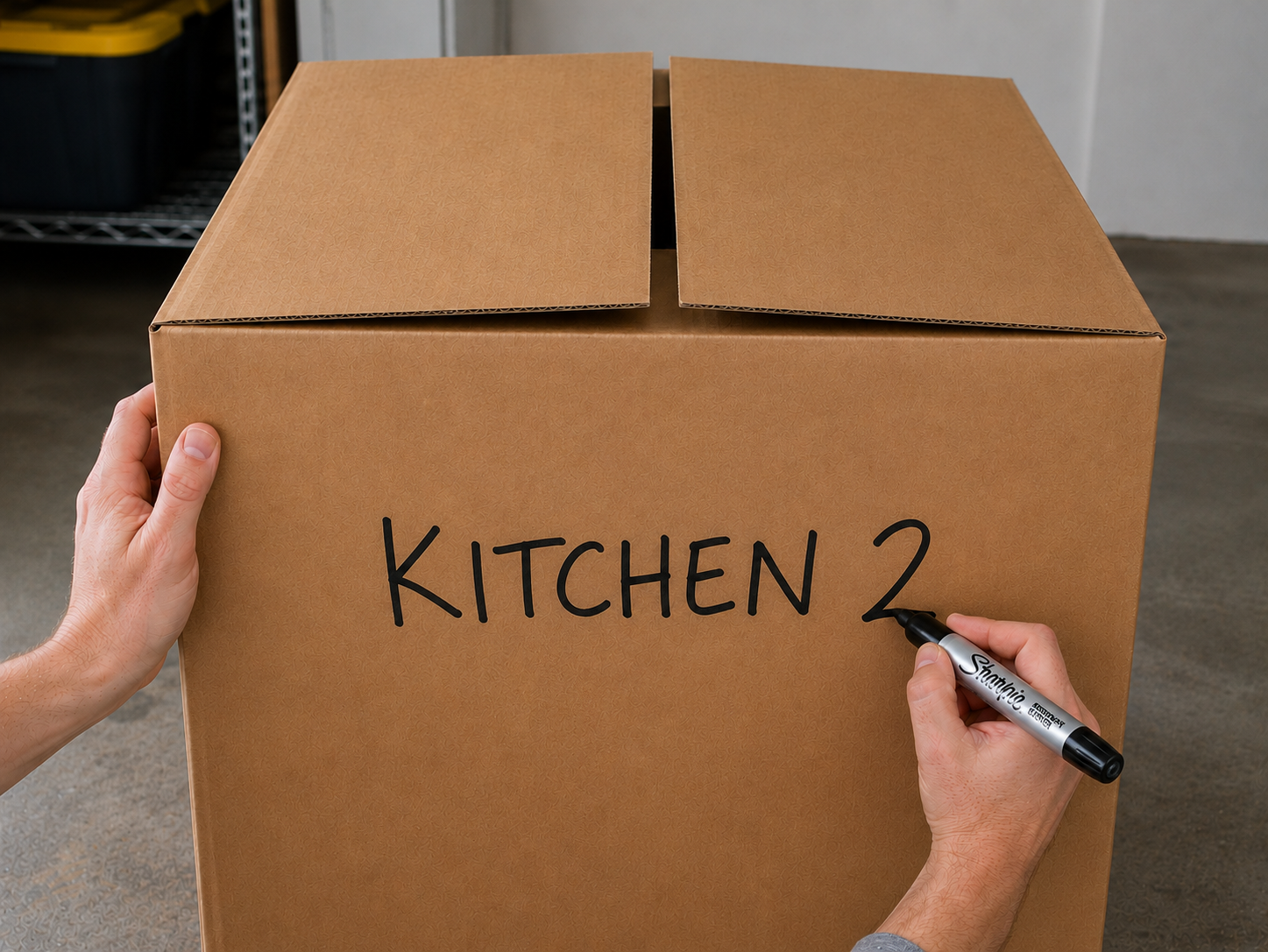 Writing a label on a box with a marker.