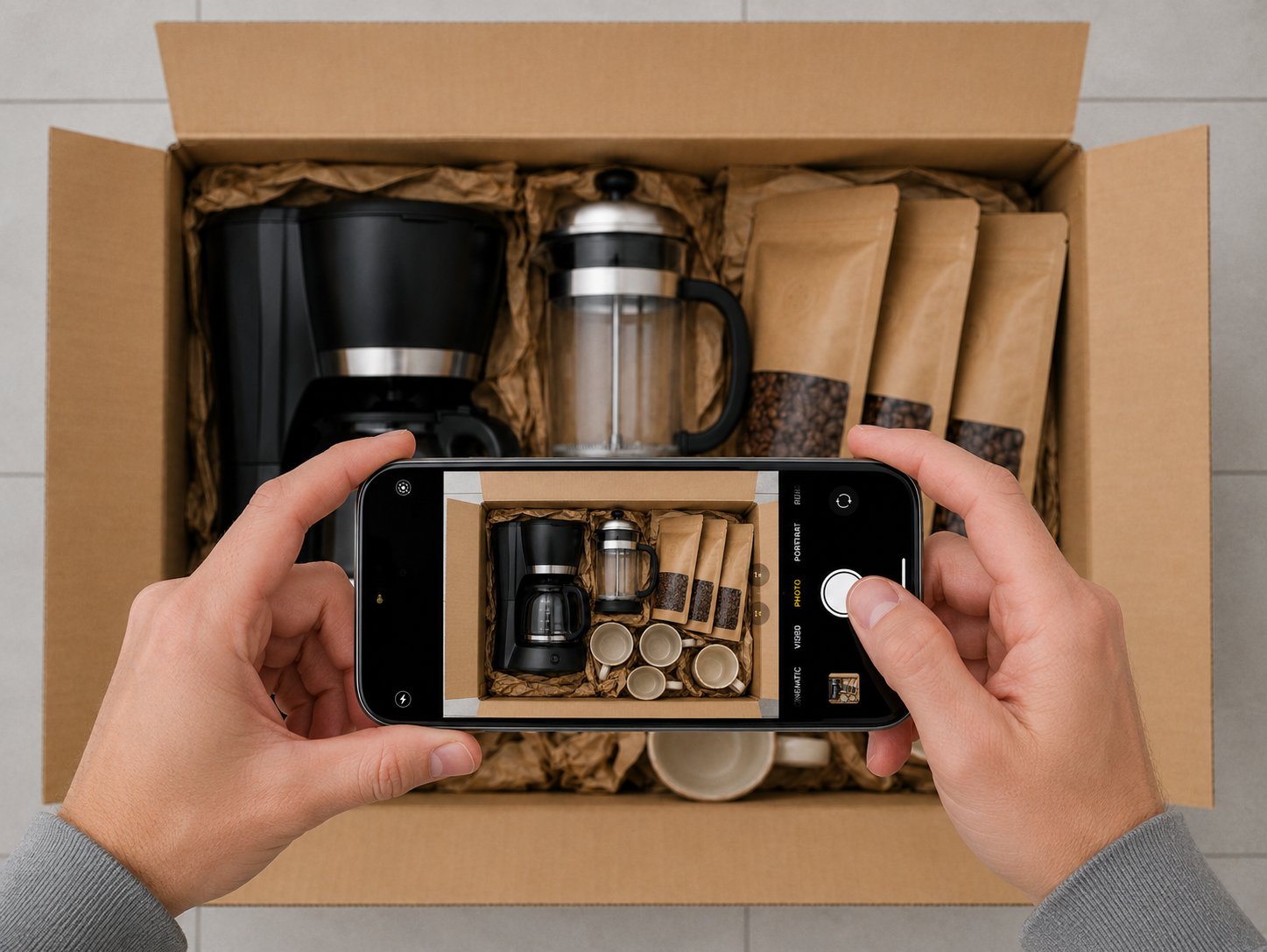 Photographing the contents of an open box.