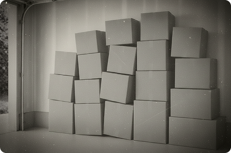 A garage stacked with unlabeled moving boxes.