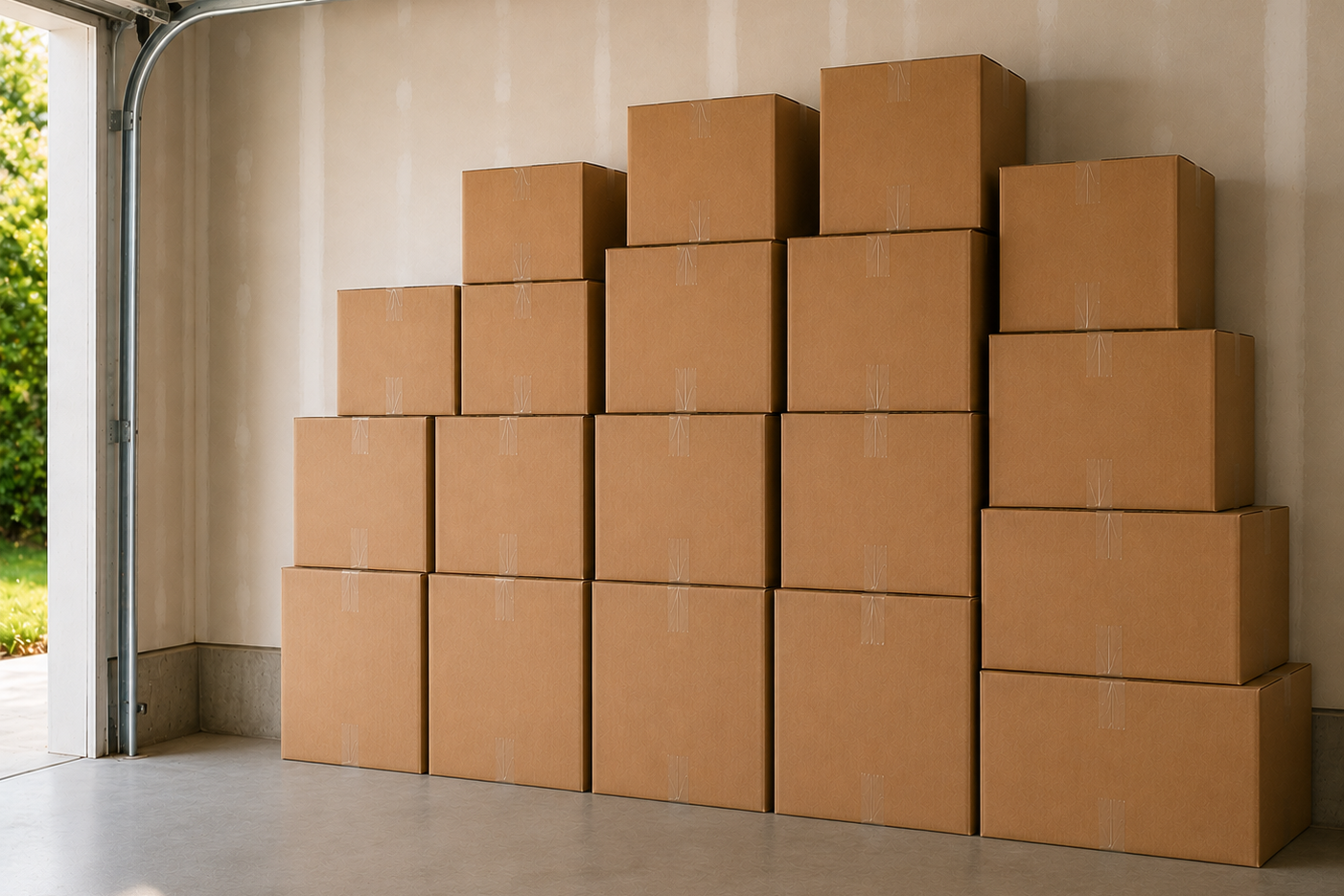 The same garage with boxes neatly organized and labeled.