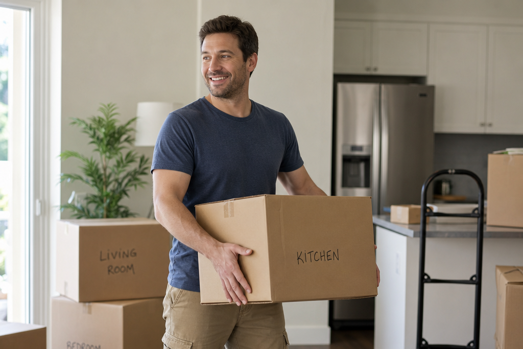 Person carrying a labeled box into a new home.