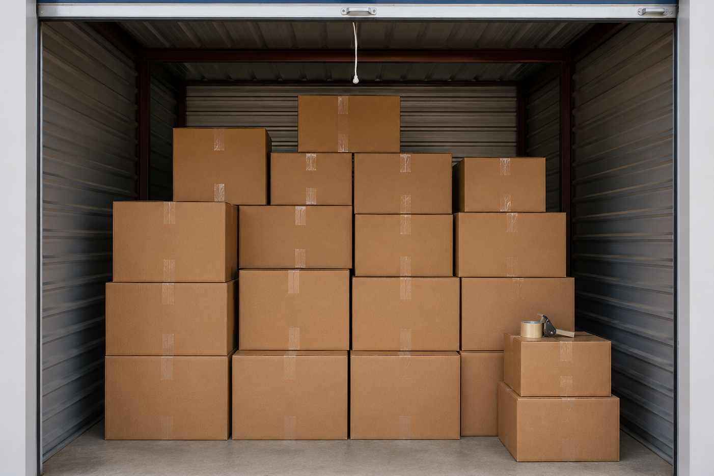 Inside a self-storage unit stacked with boxes.