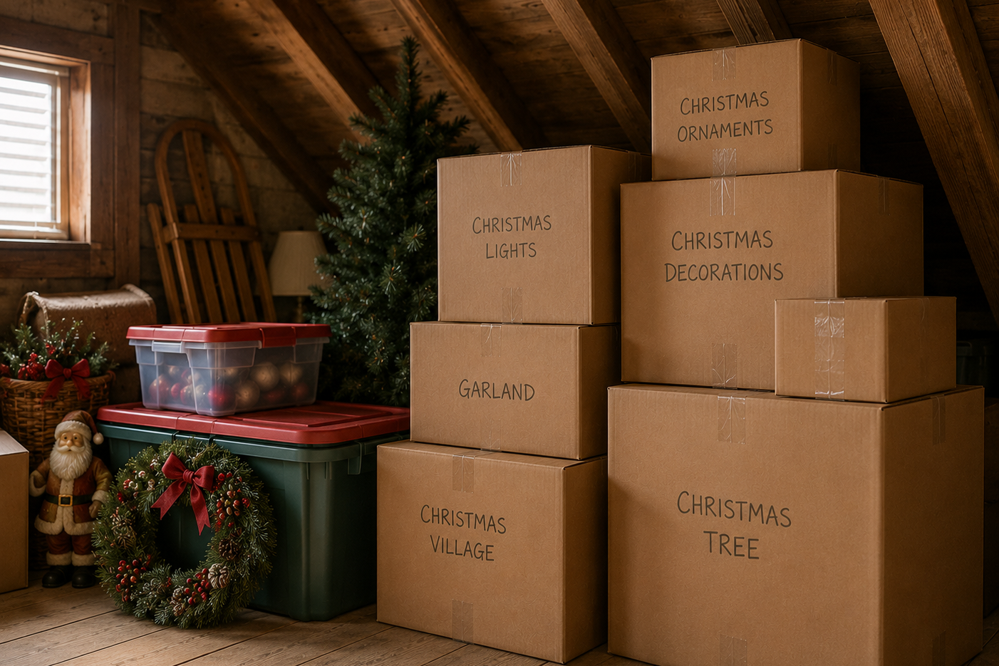Attic shelves with holiday and seasonal storage bins.