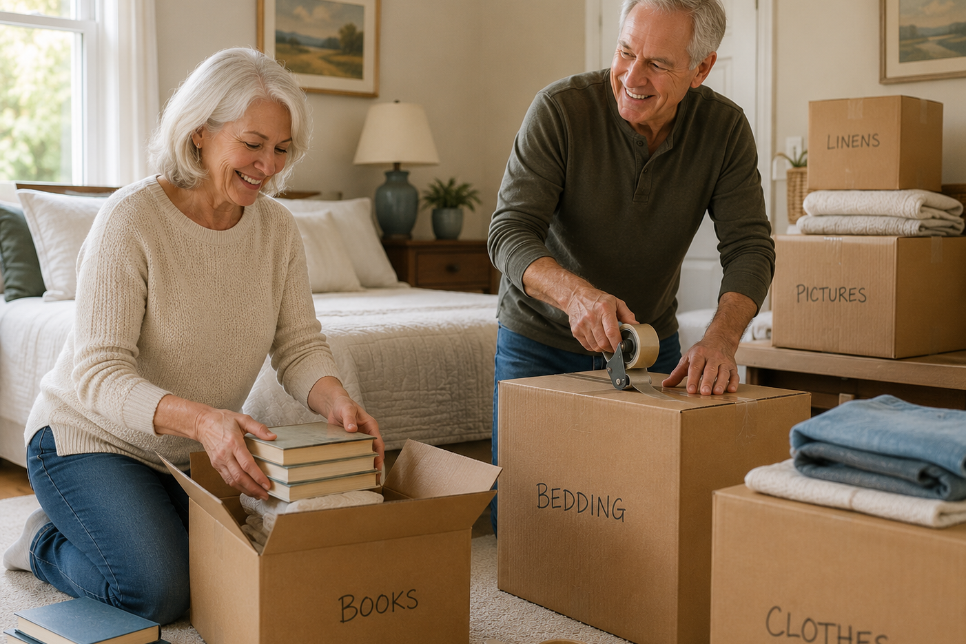 An older couple packing and sorting boxes.