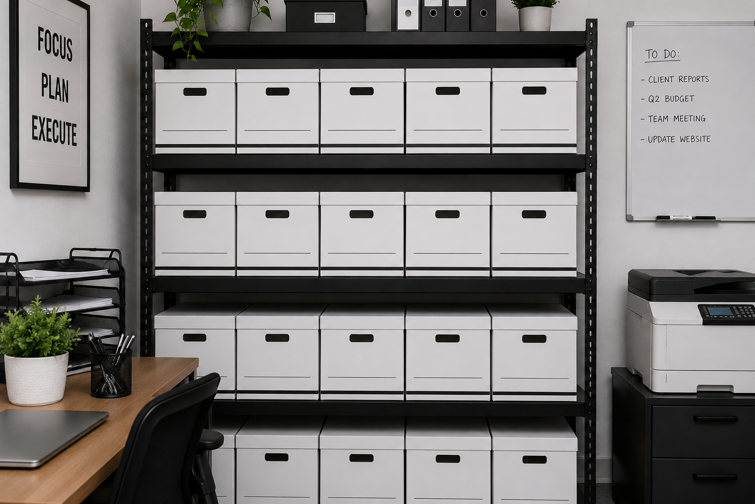 A small-business stockroom with labeled boxes on shelving.